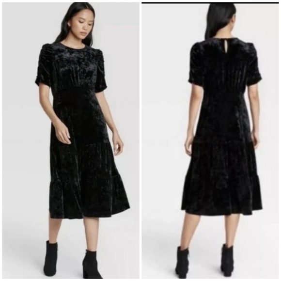 Who What Wear Black Velvet Dress Size Small Midi Short Sleeve Party Holiday - Picture 1 of 14